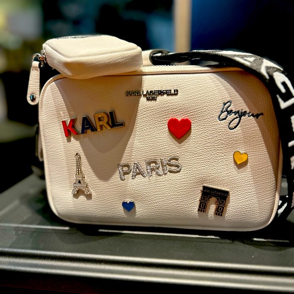 Karl Lagerfeld Maybelle Crossbody Bag purse Double Zip White With Pins And Pouch - Picture 6 of 8